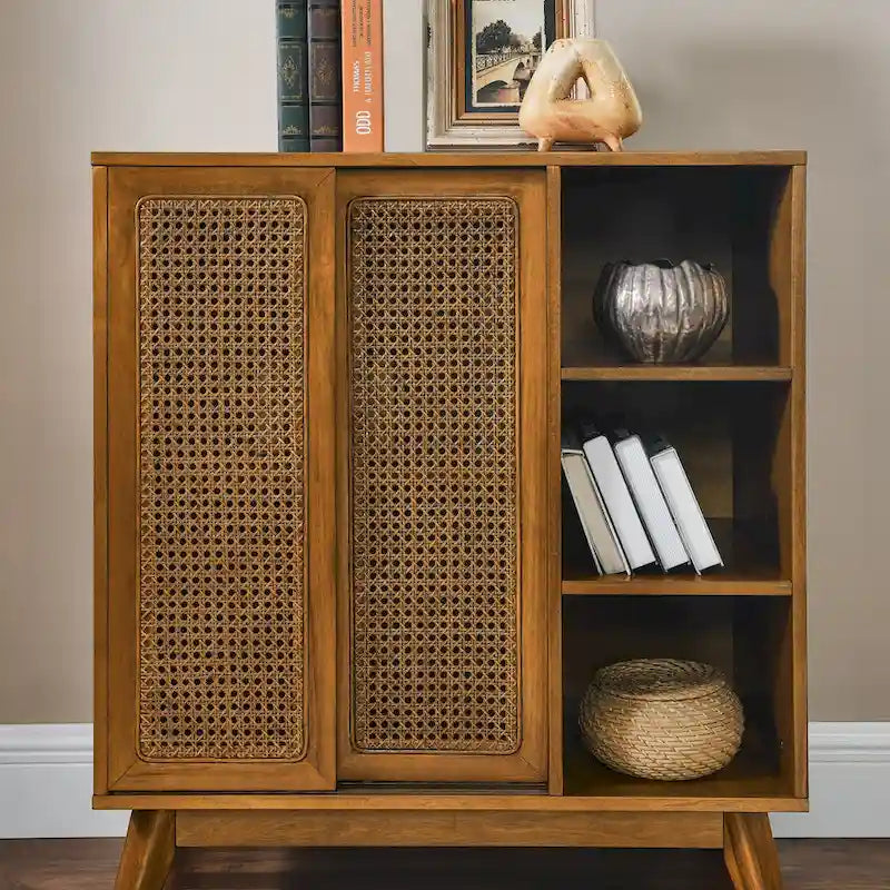Buffet Mid-Century, Portes en rotin, Étagère réglable, Pieds en bois massif, Noyer, Pour 1 personne