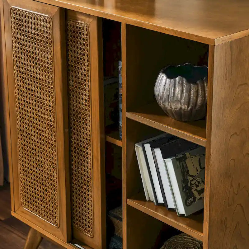 Buffet Mid-Century, Portes en rotin, Étagère réglable, Pieds en bois massif, Noyer, Pour 1 personne