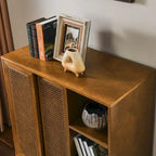 Buffet Mid-Century, Portes en rotin, Étagère réglable, Pieds en bois massif, Noyer, Pour 1 personne