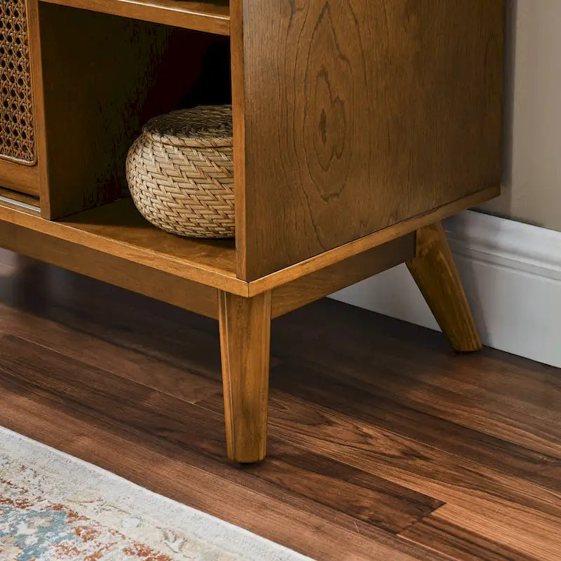 Buffet Mid-Century, Portes en rotin, Étagère réglable, Pieds en bois massif, Noyer, Pour 1 personne
