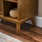 Buffet Mid-Century, Portes en rotin, Étagère réglable, Pieds en bois massif, Noyer, Pour 1 personne