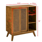 Buffet Mid-Century, Portes en rotin, Étagère réglable, Pieds en bois massif, Noyer, Pour 1 personne