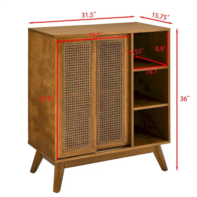 Buffet Mid-Century, Portes en rotin, Étagère réglable, Pieds en bois massif, Noyer, Pour 1 personne