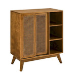 Buffet Mid-Century, Portes en rotin, Étagère réglable, Pieds en bois massif, Noyer, Pour 1 personne