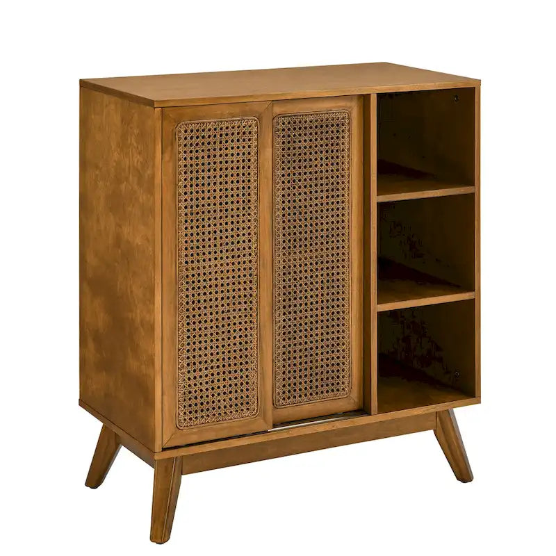 Buffet Mid-Century, Portes en rotin, Étagère réglable, Pieds en bois massif, Noyer, Pour 1 personne