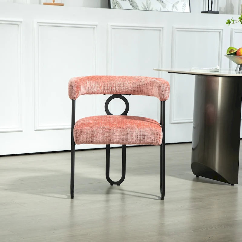 Chaise de salle à manger capitonnée, tissu chenille, coussin en mousse, cadre en fer noir, pieds antidérapants, rose, pour 1 personne