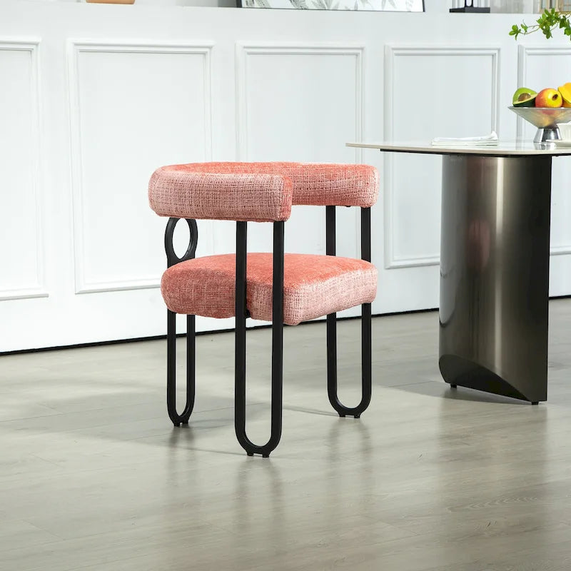 Chaise de salle à manger capitonnée, tissu chenille, coussin en mousse, cadre en fer noir, pieds antidérapants, rose, pour 1 personne
