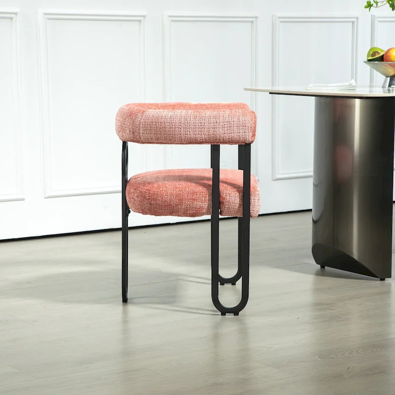 Chaise de salle à manger capitonnée, tissu chenille, coussin en mousse, cadre en fer noir, pieds antidérapants, rose, pour 1 personne
