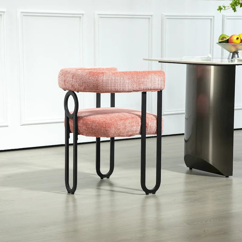 Chaise de salle à manger capitonnée, tissu chenille, coussin en mousse, cadre en fer noir, pieds antidérapants, rose, pour 1 personne