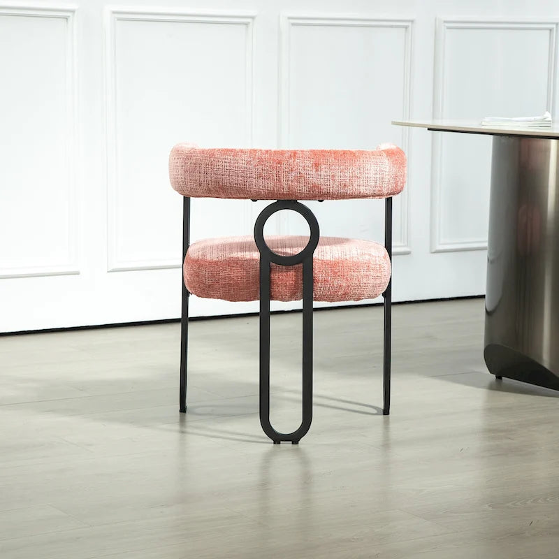 Chaise de salle à manger capitonnée, tissu chenille, coussin en mousse, cadre en fer noir, pieds antidérapants, rose, pour 1 personne