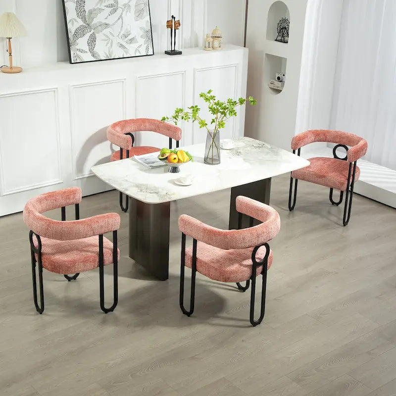 Chaise de salle à manger capitonnée, tissu chenille, coussin en mousse, cadre en fer noir, pieds antidérapants, rose, pour 1 personne