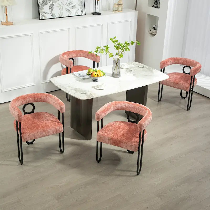 Chaise de salle à manger capitonnée, tissu chenille, coussin en mousse, cadre en fer noir, pieds antidérapants, rose, pour 1 personne