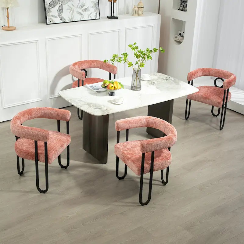Chaise de salle à manger capitonnée, tissu chenille, coussin en mousse, cadre en fer noir, pieds antidérapants, rose, pour 1 personne