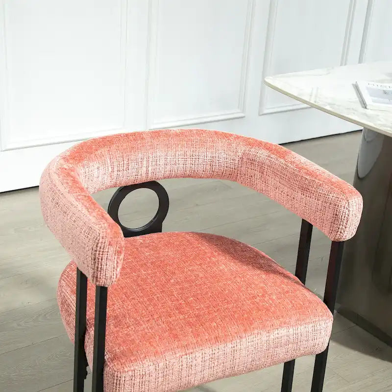 Chaise de salle à manger capitonnée, tissu chenille, coussin en mousse, cadre en fer noir, pieds antidérapants, rose, pour 1 personne