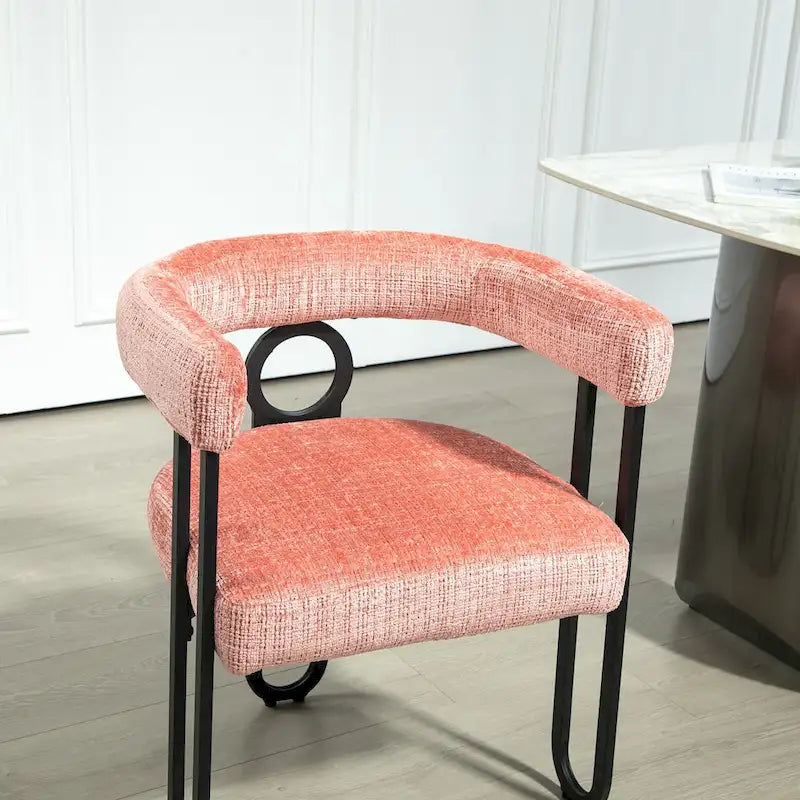 Chaise de salle à manger capitonnée, tissu chenille, coussin en mousse, cadre en fer noir, pieds antidérapants, rose, pour 1 personne