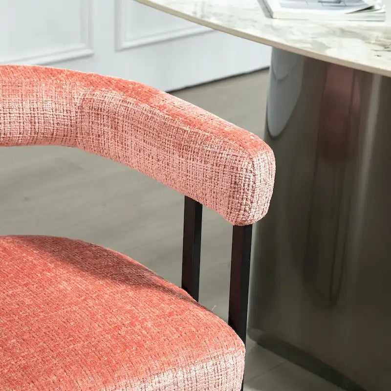 Chaise de salle à manger capitonnée, tissu chenille, coussin en mousse, cadre en fer noir, pieds antidérapants, rose, pour 1 personne