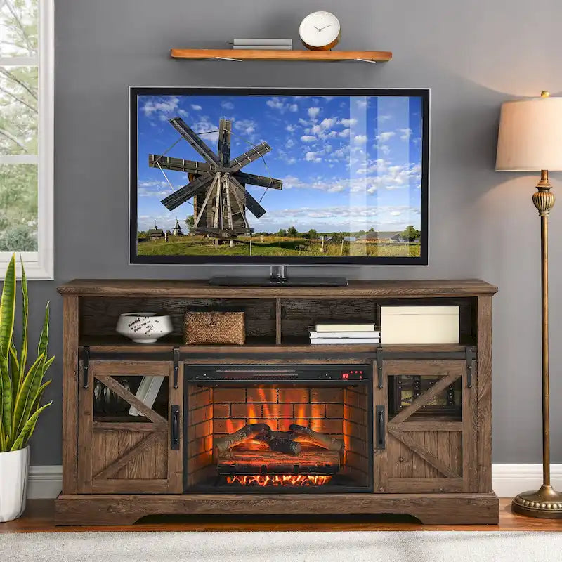 Meuble TV cheminée électrique 60 pouces, style rustique, convient aux téléviseurs jusqu'à 70 pouces, télécommande infrarouge, chauffage 1500W, effet de flamme bûche en résine, MDF, bois de grange recyclé, utilisation par 1 personne
