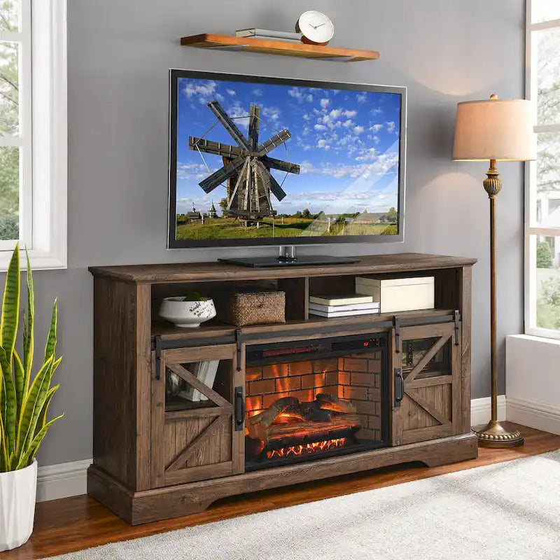 Meuble TV cheminée électrique 60 pouces, style rustique, convient aux téléviseurs jusqu'à 70 pouces, télécommande infrarouge, chauffage 1500W, effet de flamme bûche en résine, MDF, bois de grange recyclé, utilisation par 1 personne