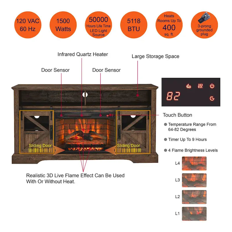 Meuble TV cheminée électrique 60 pouces, style rustique, convient aux téléviseurs jusqu'à 70 pouces, télécommande infrarouge, chauffage 1500W, effet de flamme bûche en résine, MDF, bois de grange recyclé, utilisation par 1 personne