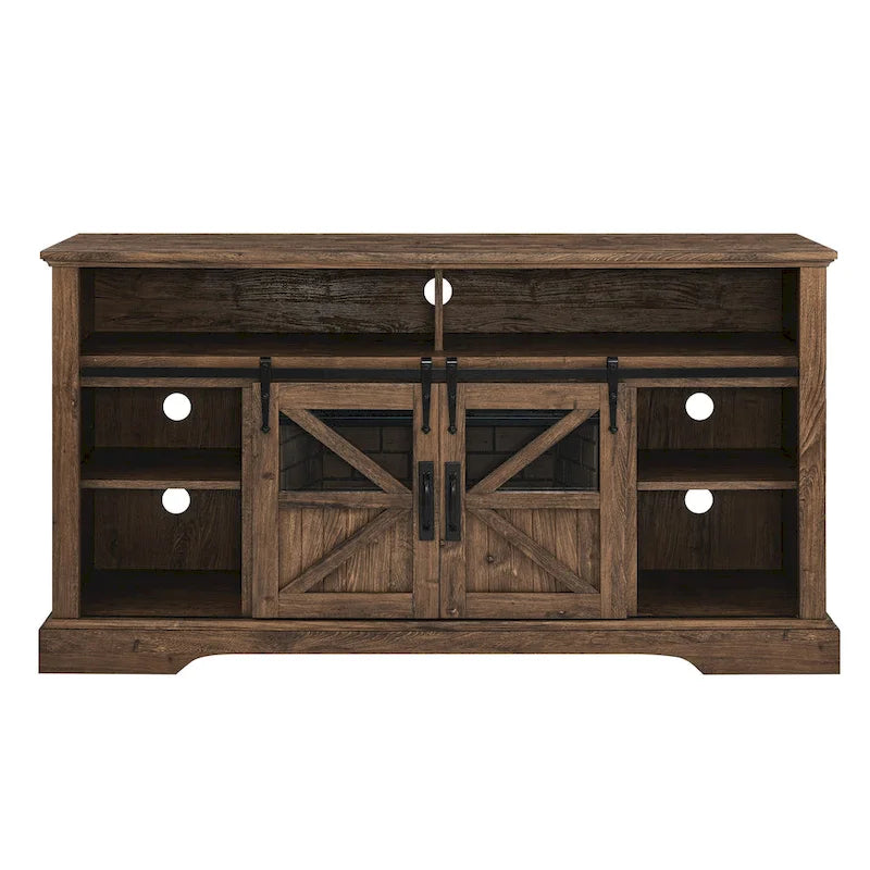 Meuble TV cheminée électrique 60 pouces, style rustique, convient aux téléviseurs jusqu'à 70 pouces, télécommande infrarouge, chauffage 1500W, effet de flamme bûche en résine, MDF, bois de grange recyclé, utilisation par 1 personne