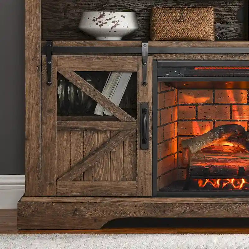 Meuble TV cheminée électrique 60 pouces, style rustique, convient aux téléviseurs jusqu'à 70 pouces, télécommande infrarouge, chauffage 1500W, effet de flamme bûche en résine, MDF, bois de grange recyclé, utilisation par 1 personne