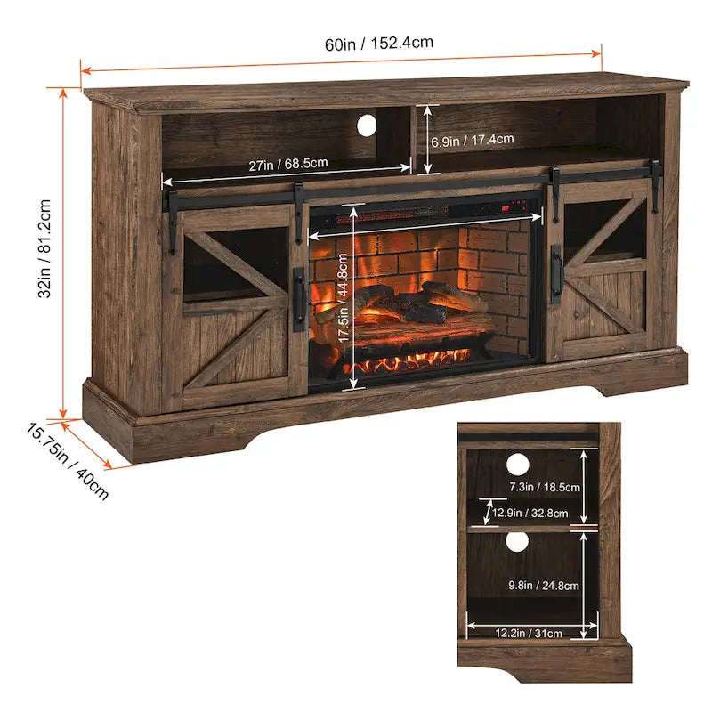Meuble TV cheminée électrique 60 pouces, style rustique, convient aux téléviseurs jusqu'à 70 pouces, télécommande infrarouge, chauffage 1500W, effet de flamme bûche en résine, MDF, bois de grange recyclé, utilisation par 1 personne