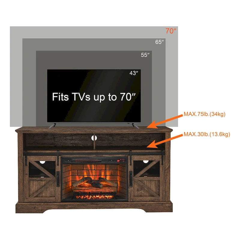 Meuble TV cheminée électrique 60 pouces, style rustique, convient aux téléviseurs jusqu'à 70 pouces, télécommande infrarouge, chauffage 1500W, effet de flamme bûche en résine, MDF, bois de grange recyclé, utilisation par 1 personne