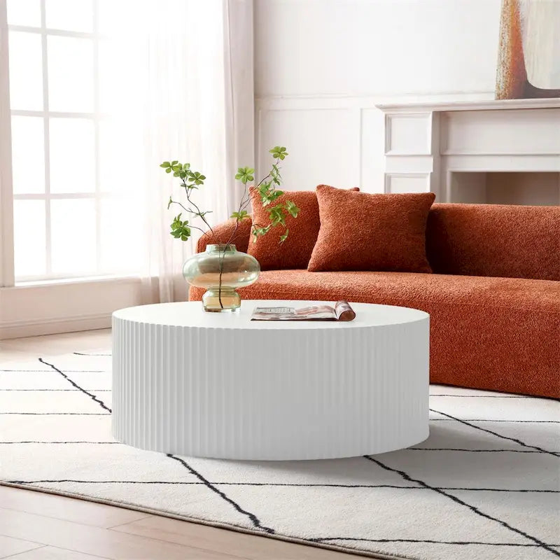Table basse ronde, MDF, motif en relief fait main, blanc, pour 1 personne