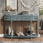 Console, style vintage, détails sculptés, pieds romains, 4 tiroirs, 1 étagère, MDF et bois massif, bleu/noir antique, 1 personne