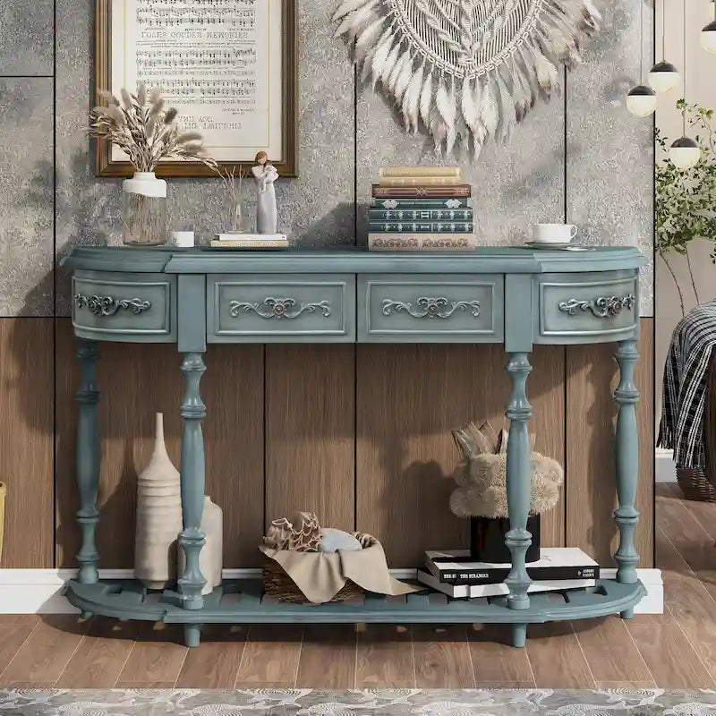 Console, style vintage, détails sculptés, pieds romains, 4 tiroirs, 1 étagère, MDF et bois massif, bleu/noir antique, 1 personne