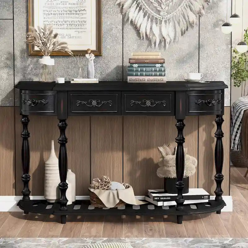 Console, style vintage, détails sculptés, pieds romains, 4 tiroirs, 1 étagère, MDF et bois massif, bleu/noir antique, 1 personne