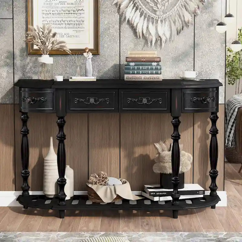 52'Curved Console Table Sofa Table Entryway Table for Hallway Living Room with 4 Drawers and 1 Shelf