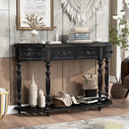 Console, style vintage, détails sculptés, pieds romains, 4 tiroirs, 1 étagère, MDF et bois massif, bleu/noir antique, 1 personne