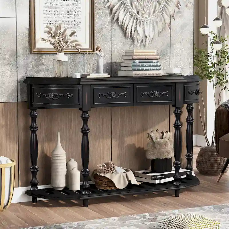 Console, style vintage, détails sculptés, pieds romains, 4 tiroirs, 1 étagère, MDF et bois massif, bleu/noir antique, 1 personne
