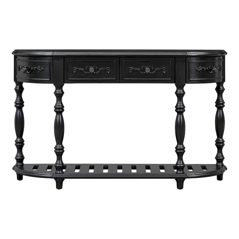 Console, style vintage, détails sculptés, pieds romains, 4 tiroirs, 1 étagère, MDF et bois massif, bleu/noir antique, 1 personne