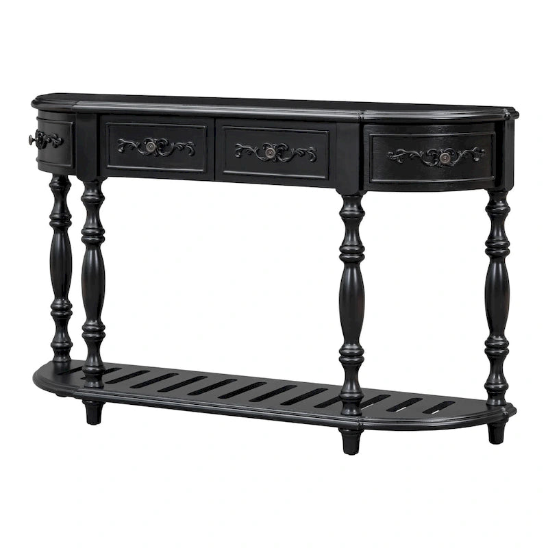 Console, style vintage, détails sculptés, pieds romains, 4 tiroirs, 1 étagère, MDF et bois massif, bleu/noir antique, 1 personne