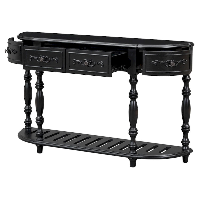 Console, style vintage, détails sculptés, pieds romains, 4 tiroirs, 1 étagère, MDF et bois massif, bleu/noir antique, 1 personne