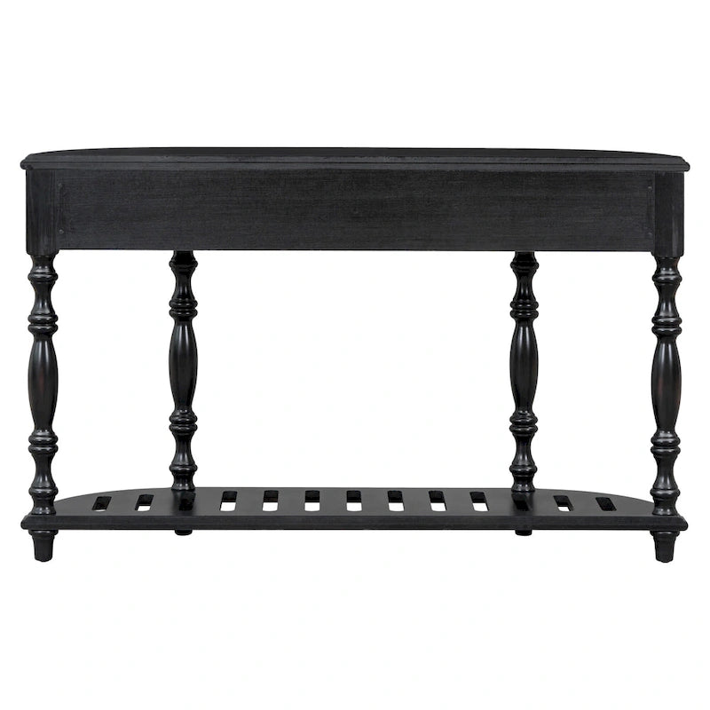 Console, style vintage, détails sculptés, pieds romains, 4 tiroirs, 1 étagère, MDF et bois massif, bleu/noir antique, 1 personne