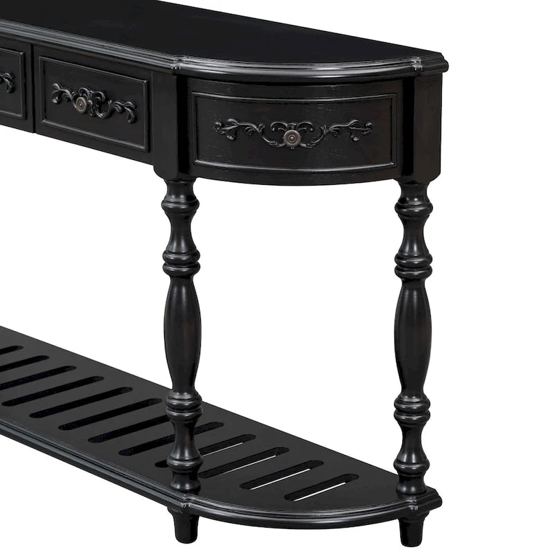 Console, style vintage, détails sculptés, pieds romains, 4 tiroirs, 1 étagère, MDF et bois massif, bleu/noir antique, 1 personne