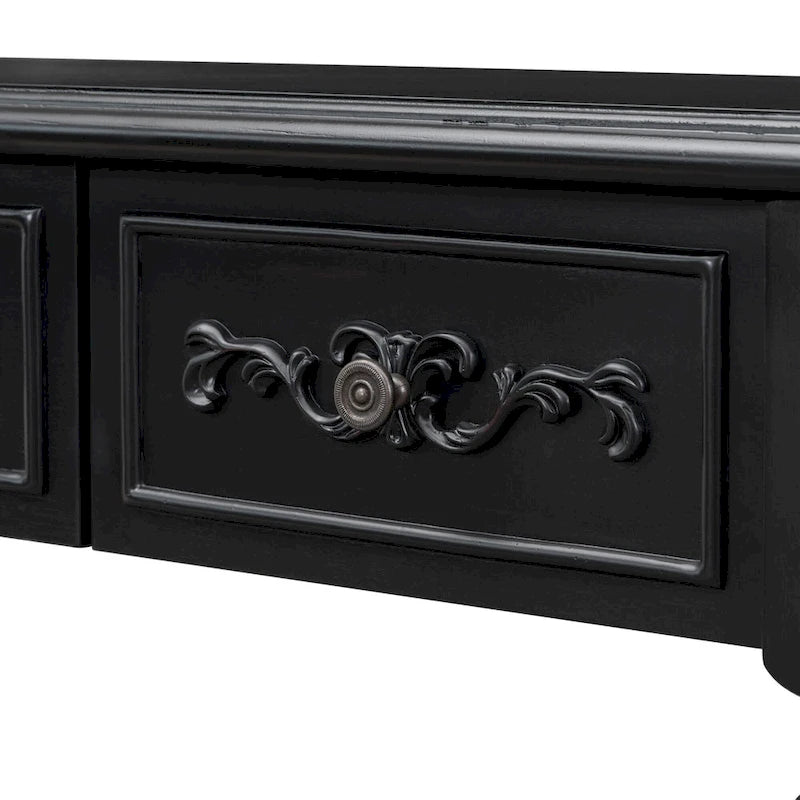 Console, style vintage, détails sculptés, pieds romains, 4 tiroirs, 1 étagère, MDF et bois massif, bleu/noir antique, 1 personne