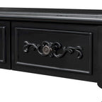 Console, style vintage, détails sculptés, pieds romains, 4 tiroirs, 1 étagère, MDF et bois massif, bleu/noir antique, 1 personne