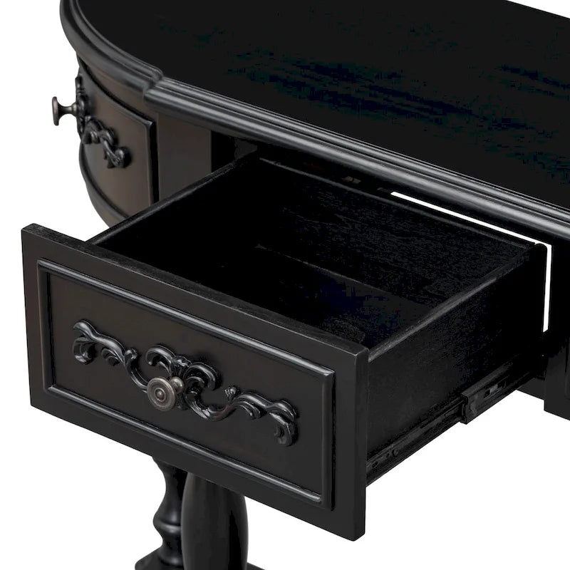 Console, style vintage, détails sculptés, pieds romains, 4 tiroirs, 1 étagère, MDF et bois massif, bleu/noir antique, 1 personne