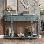 Console, style vintage, détails sculptés, pieds romains, 4 tiroirs, 1 étagère, MDF et bois massif, bleu/noir antique, 1 personne