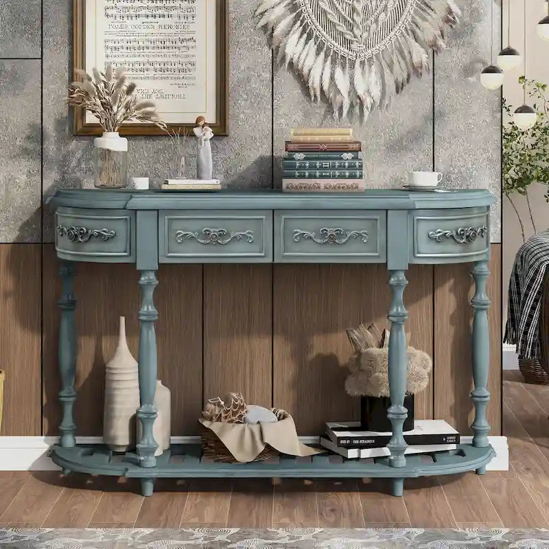 Console, style vintage, détails sculptés, pieds romains, 4 tiroirs, 1 étagère, MDF et bois massif, bleu/noir antique, 1 personne