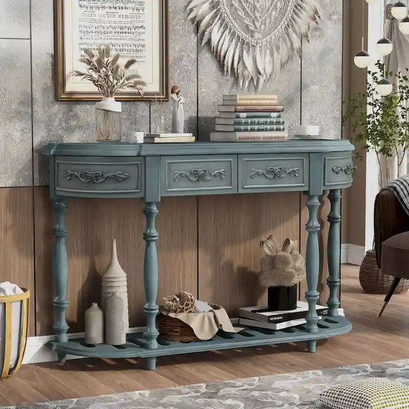 Console, style vintage, détails sculptés, pieds romains, 4 tiroirs, 1 étagère, MDF et bois massif, bleu/noir antique, 1 personne