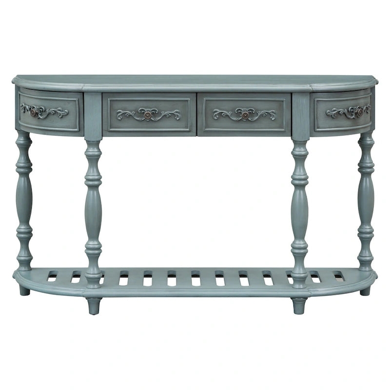 Console, style vintage, détails sculptés, pieds romains, 4 tiroirs, 1 étagère, MDF et bois massif, bleu/noir antique, 1 personne