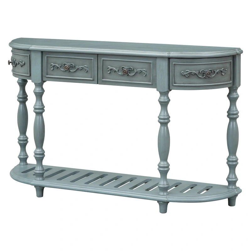 Console, style vintage, détails sculptés, pieds romains, 4 tiroirs, 1 étagère, MDF et bois massif, bleu/noir antique, 1 personne