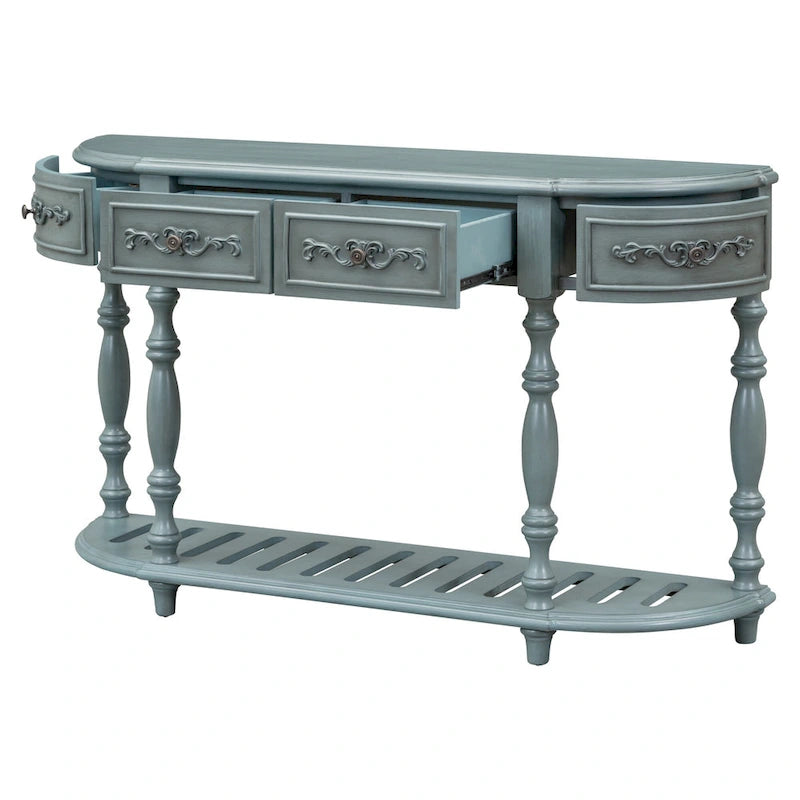 Console, style vintage, détails sculptés, pieds romains, 4 tiroirs, 1 étagère, MDF et bois massif, bleu/noir antique, 1 personne