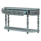 Console, style vintage, détails sculptés, pieds romains, 4 tiroirs, 1 étagère, MDF et bois massif, bleu/noir antique, 1 personne