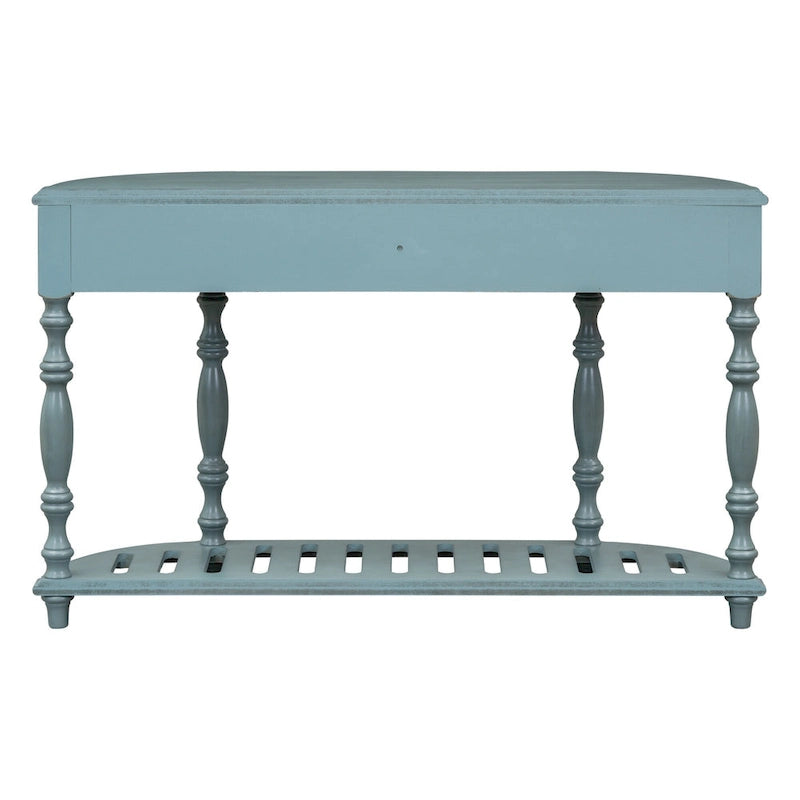 Console, style vintage, détails sculptés, pieds romains, 4 tiroirs, 1 étagère, MDF et bois massif, bleu/noir antique, 1 personne
